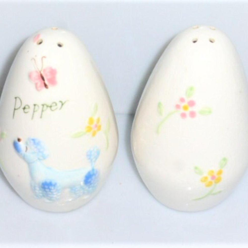 Salt & Pepper Shakers BIG Egg SHAPED French Poodle Dog Flowers Stamped Japan